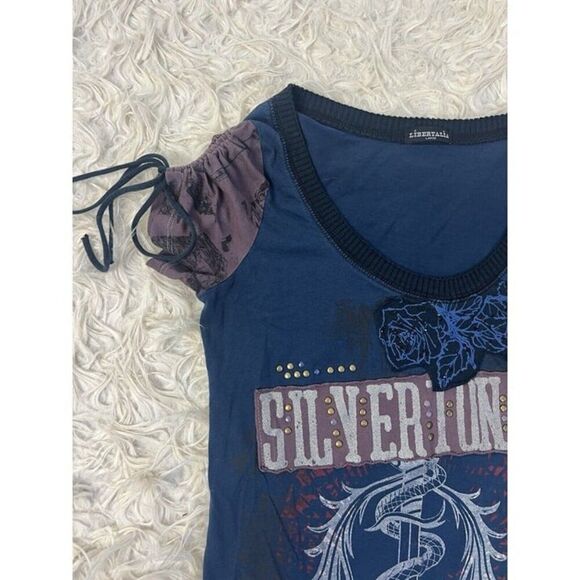 Libertalia Vintage Grunge Women’s Studded Embellished Blue Graphic T-shirt Large - Picture 8 of 10